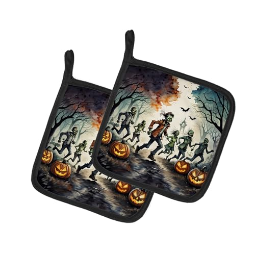 Caroline's Treasures Zombies Spooky Halloween Pair of Pot Holders Kitchen Heat Resistant Pot Holders Sets Oven Hot Pads for Cooking Baking BBQ, 7 1/2 x 7 1/2
