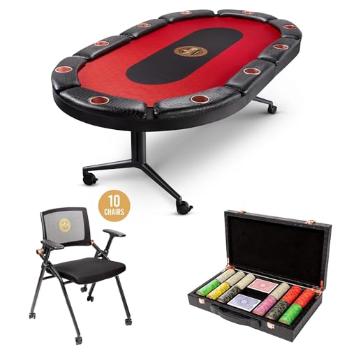 Triton Foldable Poker Table with 10 Chairs and Poker Chips Set 300- Premium Soft-Padded Armrest, Individual Cup Holders- Premium Chips Set, Individual Chair for Everyone