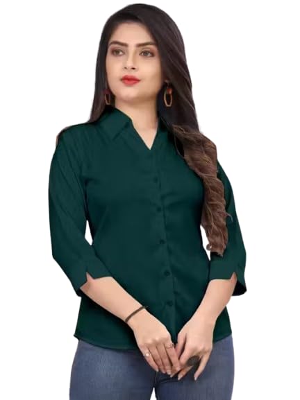 Image of Women's Cotton Blend Solid Formal Shirt with 3 /4 Sleeves-Navy Blue P4