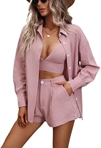 Two Piece Outfits for Women Solid Cami Top & Shorts & Button Front Shirt Two Piece Outfits for Women (Color : Dusty Pink, Size : Small)