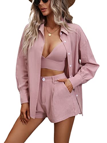Two Piece Outfits For Women Solid Cami Top & Shorts & Button Front Shirt Two Piece Outfits For Women (Color : Dusty Pink, Size : Small) #TOP1