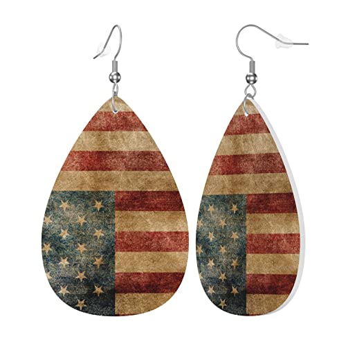 Retro American Flag Earrings Faux Leather Teardrop Dangle Earrings Pu Leaf Earring Lightweight For Women Girls Teens #TOP1