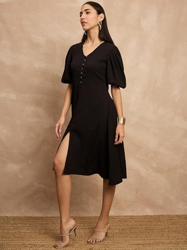 Image of Amazon Brand - INKAST Women A-Line Midi Dress | Puff Sleeves | Perfect for Casual and Semi-Formal Occasions