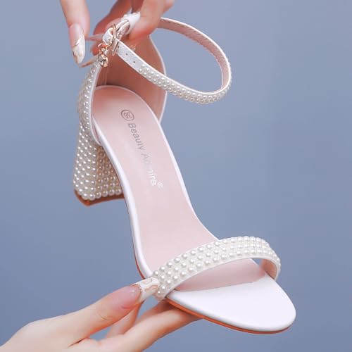 2.95'' Full Pearls Block Heels Sandals Peep Toe Rhinestone Women's Chunky Heel Pump Shoes For Bride Wedding Party Evening Dress Shoes4