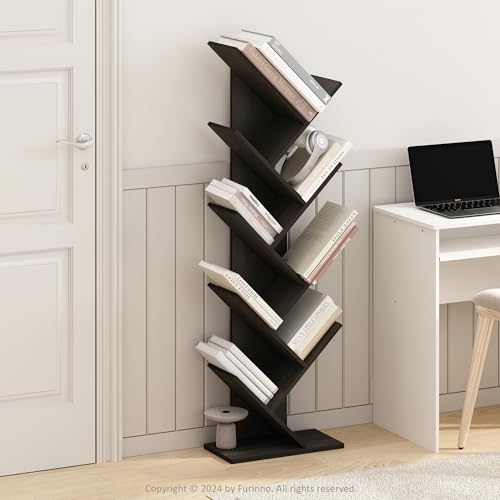 Image of Furinno Tree Book Shelf, 9-Tier Bookshelf, Tree Bookcase for Room Decor, 8.4 x 15.7 x 50.9, for Living Room, Bedroom, Home Office, Black Espresso