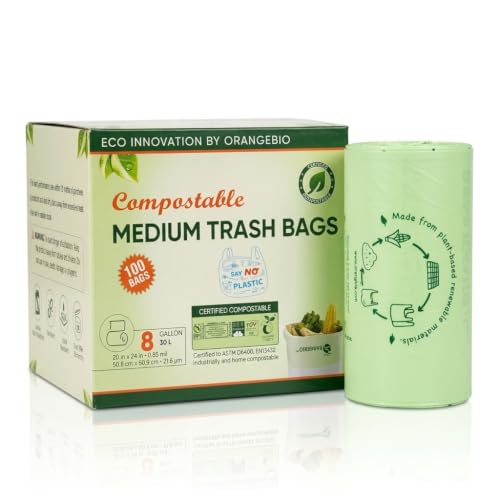 OrangeBio 6-8 Gallon Compostable Trash Bags 100 Count Kitchen Food Waste & Compost Bin Liners Plant-Based Garbage Bags BPI ASTM D6400 & TV OK Compost Home Certified