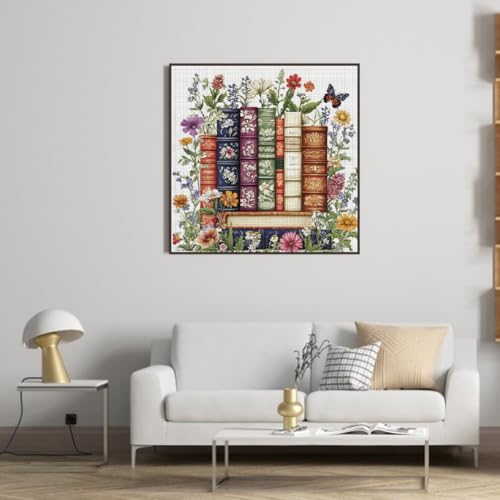 Image of KYOQFVN Flower Stamped Cross Stitch Kits - Book Counted Cross Stitch Kits for Beginners, Needlepoint Cross-Stitch Patterns Dimensions for Home Decor 14x14 Inch