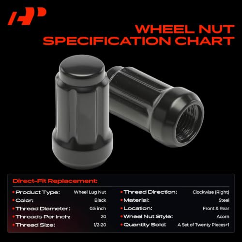 Image of A-Premium Front & Rear 1 /2-20 Wheel Lug Nuts with Socket Key, Set of 21 | Compatible with Chevrolet Blazer & Dodge Challenger Charger Dakota Nitro Ra1500 & GMC Safari & Lincoln & Mercury & More