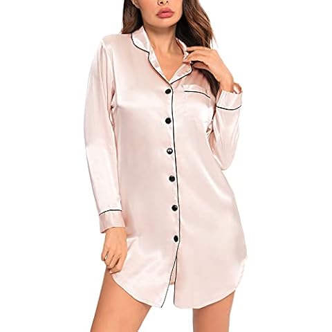 SWOMOG Women's Satin Nightshirt Sleep Nightgown Button Down Pajama Tops Long Sleeve Sleepwear Silk Nightdress Champagne Cover