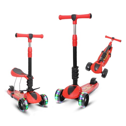 Habib Gruppe Patinete infantil 3 en 1 con asiento, plegable, altura regulable, ruedas LED, a partir de 3 años (hasta 50 kg), color rojo