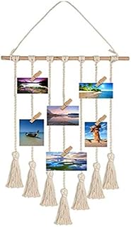 Hanging Photo Display Macrame Wall Collage Picture Frame Boho Home Decor Organizer with 25 Wood Clips for Bedroom, Living Room, DIY Art Beige
