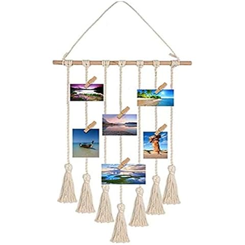 Hanging Photo Display Macrame Wall Collage Picture Frame Boho Home Decor Organizer with 25 Wood Clips for Bedroom, Living Room, DIY Art Beige Cover