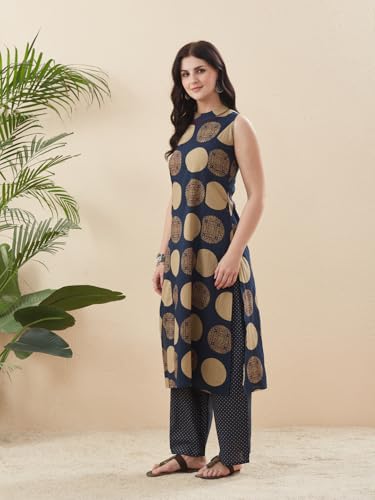 Image of MOKOSH Women's Cotton Hand Work Kurta with Palazzo Co-ords Set | Kurta Set |Round Neck Sleeveless | Indian Kurta Outfit With Palazzo Pants | 2 Piece Outfit