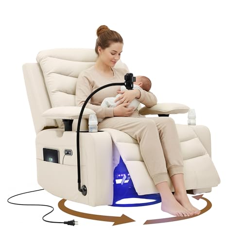 Olela Power Glider Recliner Nursery Chair, Leather Swivel Rocking Chair with Electric Lumbar Support, USB Charging, Smart Cup Holder, Light, Adjustable Armrest, Wireless Phone Charger Holder