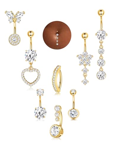 Milacolato Piercing Nombril Acier Inoxydable, Ensemble de 8 Or Des anneaux ornés de Pendants Fleur, Cœur et Papillon, Bijoux de Perçage de Nombril Clicker...