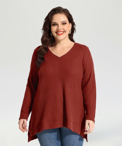 Image of RITERA Plus Size Women Sweaters Waffle Knit Pullover Top Long Sleeve Casual Crewneck Shirt Loose Split Hem Fall Winter Blouse