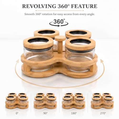 Image of Borosilicate Glass Storage Jars Set of 4 with 360 Rotating Bamboo Tray, 500ml Airtight Round Glass Containers with Silicone-Sealed Wooden Lids, Dry Fruit, Nuts, Spice Organizer for Kitchen