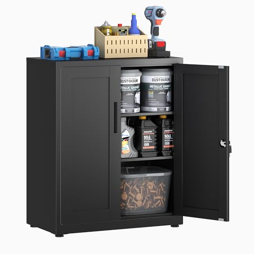 HOMSTEEL Armario metálico, Armario de Garaje de 2 Estantes con Cerradura, de Oficina con Estantes Ajustables, para Oficina, Garaje y Lavadero, 40 x 75 x 91.5 cm, Negro