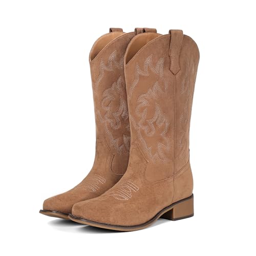 Image of IUV Cowboy Boots For Women Square Toe Wide Mid Calf Western Pull On Suede Fashion Black Brown Cowgirl Boots