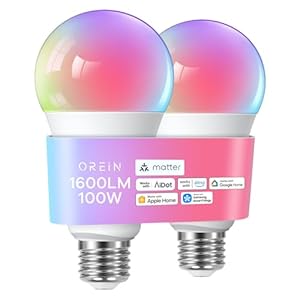 OREiN Matter Smart Light Bulb, 1600 Lumens 100W Equivalent Smart Light Bulbs, Color Changing Light Bulbs Work with Apple Home, Alexa, Google Home, SmartThings, A21 Smart Bulbs 2.4Ghz WiFi, 2Pack