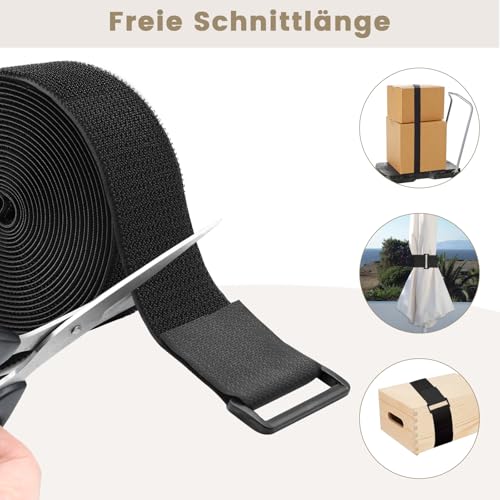 ZSURLUX 3,8cm x 5m Klettband mit 20 Schnallen, Breit Klett Kabelbinder Wiederverschließbar, Klettverschluss Band Verstellbar, Klettgurt mit öse zur Organize und Aufbewahrung Schwarz