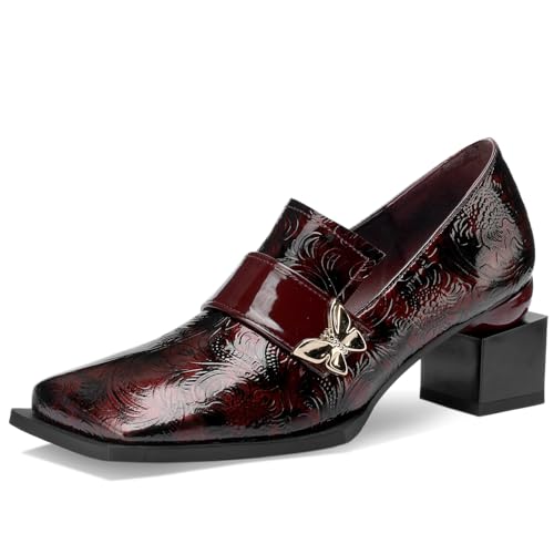 Image of Loafers for Women Patent Leather Buckle Square Toe Chunky Block Dress Slip On Wide Casual Comfortable Dressy High Heels Ladies Comfort Moccasins Elegantes 2 Inch Shoes