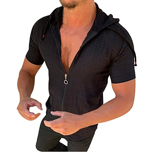 Mens Comfortable Zip Up Hoodie Short Sleeve Lightweight Cotton Zipper Casual Fashion Slim-fit Drawstring Pullover Top Shirts2