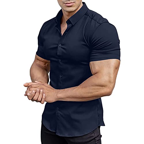 Mens Shirts Short Sleeve Muscle Fit Dress Shirts Tops Business Casual Button Down Solid Navy Blue Shirt L