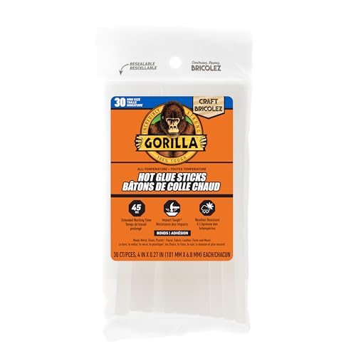 Gorilla Hot Glue Sticks, Mini Size, 4' Long x .27' Diameter, 30 Count, Clear, (Pack of 1)