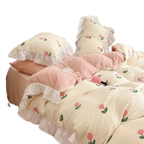 ふわふわの3点または4点の布団カバーセット、シングルとダブル、フリル付き、暖かいマイクロファイバー布団カバー、肌に優しく、厚く、秋と冬に最適、防寒。 (1.2m 3点ベッドセット(150×200cmのキルトに適しています),ピンクターメリック[レース濃厚ミ