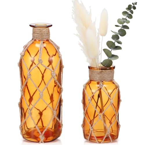 Image of Chuangdi Set of 2 Coastal Glass Flower Vase with Boho Rope, Amber