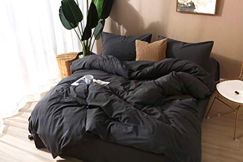 Image of F.Y.Dreams 100% Washed Cotton Duvet Cover for Weighted Blanket 80x87 inches with 16 Ties, Zipper on Long Side /Black Grey /Just Duvet Cover