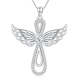 WTYIM Angel Wings Cross Necklace for Women 14K Gold Plated Sterling Silver Moissanite Diamond Cross Pendant Angel Wings Necklace Birthday Christmas Gifts for Women Her Girlfriend Wife, 18+2 Inch