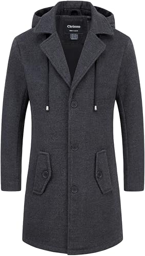 Chrisuno Men's Long Classic Pea Coat Notched Collar Single Breasted Winter Overcoat Slim Fit Trench Coats