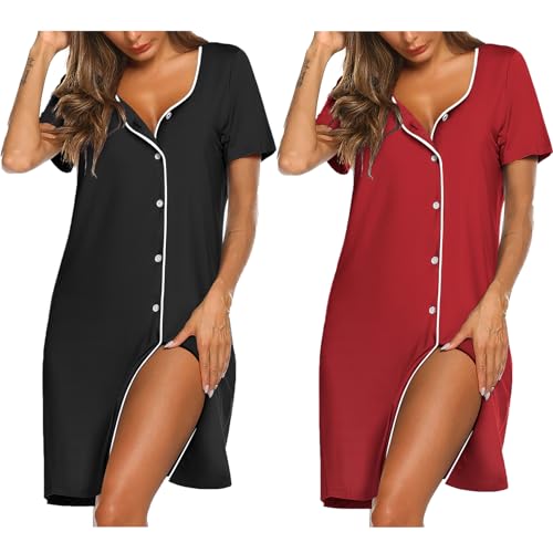 Image of Ekouaer Nightgowns for Women 2 Pack Button Down Sleepshirt Short Sleeve Nightshirt Soft Sleepwear V Neck Pajama Dress