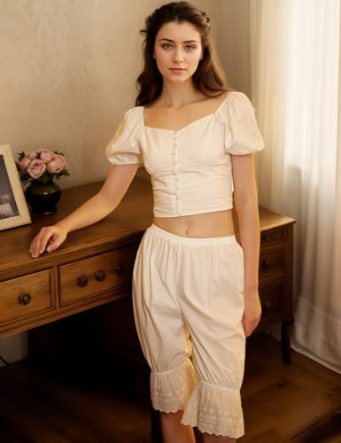 Cotton Lace Pettipants for Women Under Dress Half Slip Victorian Bloomers Pajama Pants Ivory Beige3