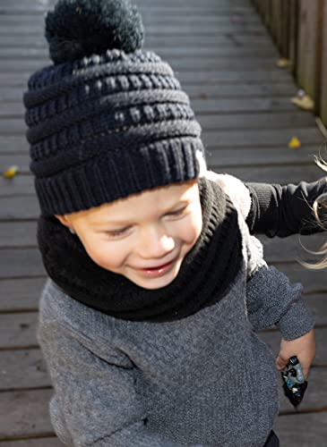 Image of Funky Junque Kids Winter Fleece Lined Neck Warmer Ribbed Knit Pom Pom Winter Beanie Bundle Cold Weather Gaiter Toddler