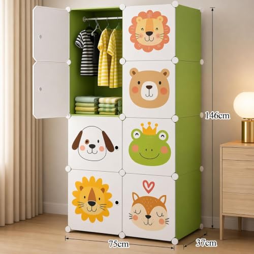 Image of Foldable Plastic Wardrobe for Clothes - Baby Cupboard for Clothes Storage, Wardrobe for Kids, Plastic Almirah, Collapsible Wardrobe for Kids Livingroom & Home (8-Layer-Green)