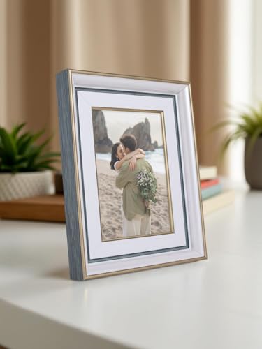 Image of GOLDEN PEACOCK Antique White, Blue and Gold 5x7 Inch Photo Frame | Set of 1 Elegant Wall & Tabletop Picture Frame for Home Decor and Gifting