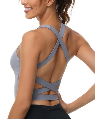 Image of romansong Strappy Yoga Sports Bras for Women Padded Criss-Cross Back Tank Tops