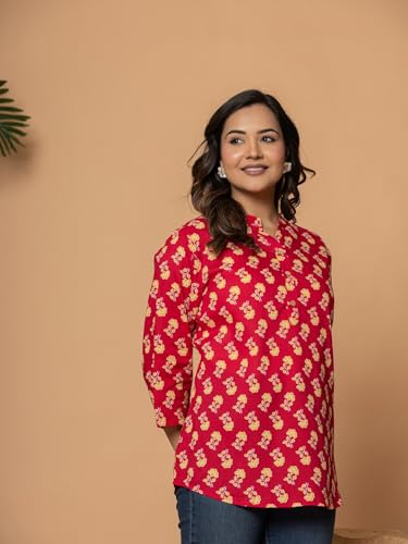 Image of Women's Cotton Printed Kurta Top | 3 /4 Sleeve Straight Kurti Casual Outings
