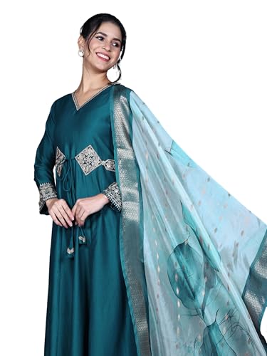 Image of EthnicJunction Women's Cotton Silk Embroidered Anarkali Kurta Palazzo with Digital Print Dupatta Set