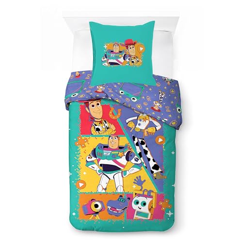Jay Franco Ensemble de Housse de Couette Kids Disney Toy Story – Literie Ultra-Douce 100% Coton avec taie d'oreiller, Produit sous Licence Officielle, Bleu Sarcelle, 2 pièces Simple
