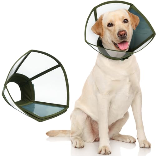 Hjumarayan Halskrause Hund - Transparenter Hundekragen Leckschutz Faltbarer Schutzkragen für die Genesung, Anti-Kratz Hundetrichter für Hunde nach OP, Armeegrün XL