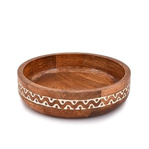 Samhita Mango Wood Round White Decorative Bowls for Rustic Home Decor Table Centerpieces Home Party Wedding Décor (25.4cm x 25.4cm x 6.35cm)