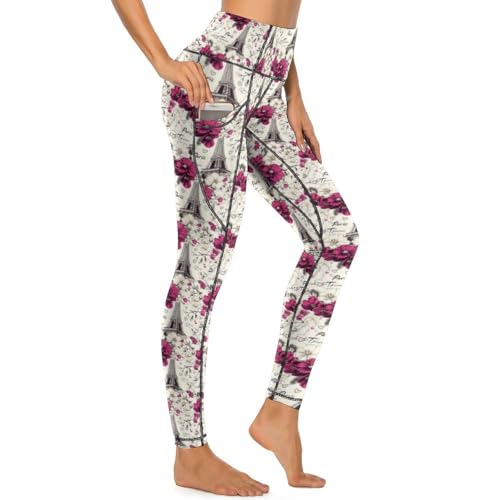 Pantalon de yoga avec poches imprimé Tour Eiffel rose vif pour femme