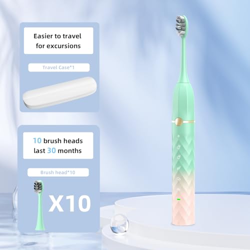 Image of Sonic Electric Toothbrush Set, Equipped with 10 Brush Heads and Travel Case, IPX8 Waterproof, 2-Minute Timer, 42000 High-Frequency Vibrations, 5 Modes, The First Choice for Gift Giving, Green Pink