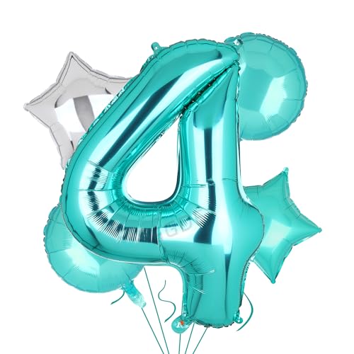 Image of Teal Blue Number 4 Balloons 40 Inch Mermaid Birthday Theme 5 Pcs | Big Helium Mylar Digital Balloon Wedding 4th Anniversary Party Decor Supplies