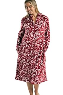 Marlon Womens Serena Zip Front Printed Fleece Housecoat Zip Up Bath Robe, Deep Cherry, S