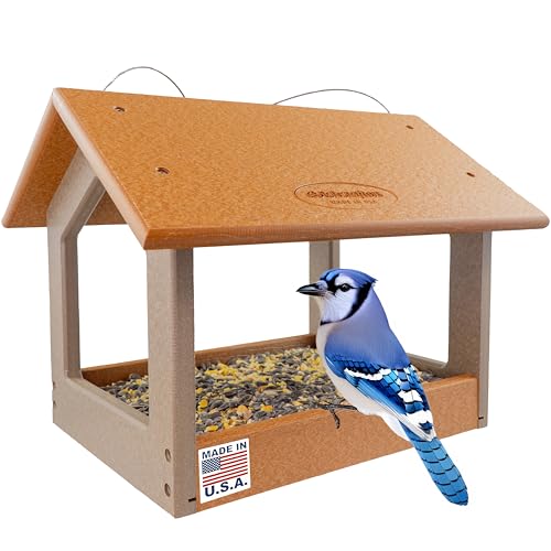 DutchCrafters Amish USA Made Recycled Plastic Large Hanging Modern Fly Through Covered Roof Open Platform Tray Bird Feeder for Outdoors, Garden, Yard (Cedar & Weatherwood)